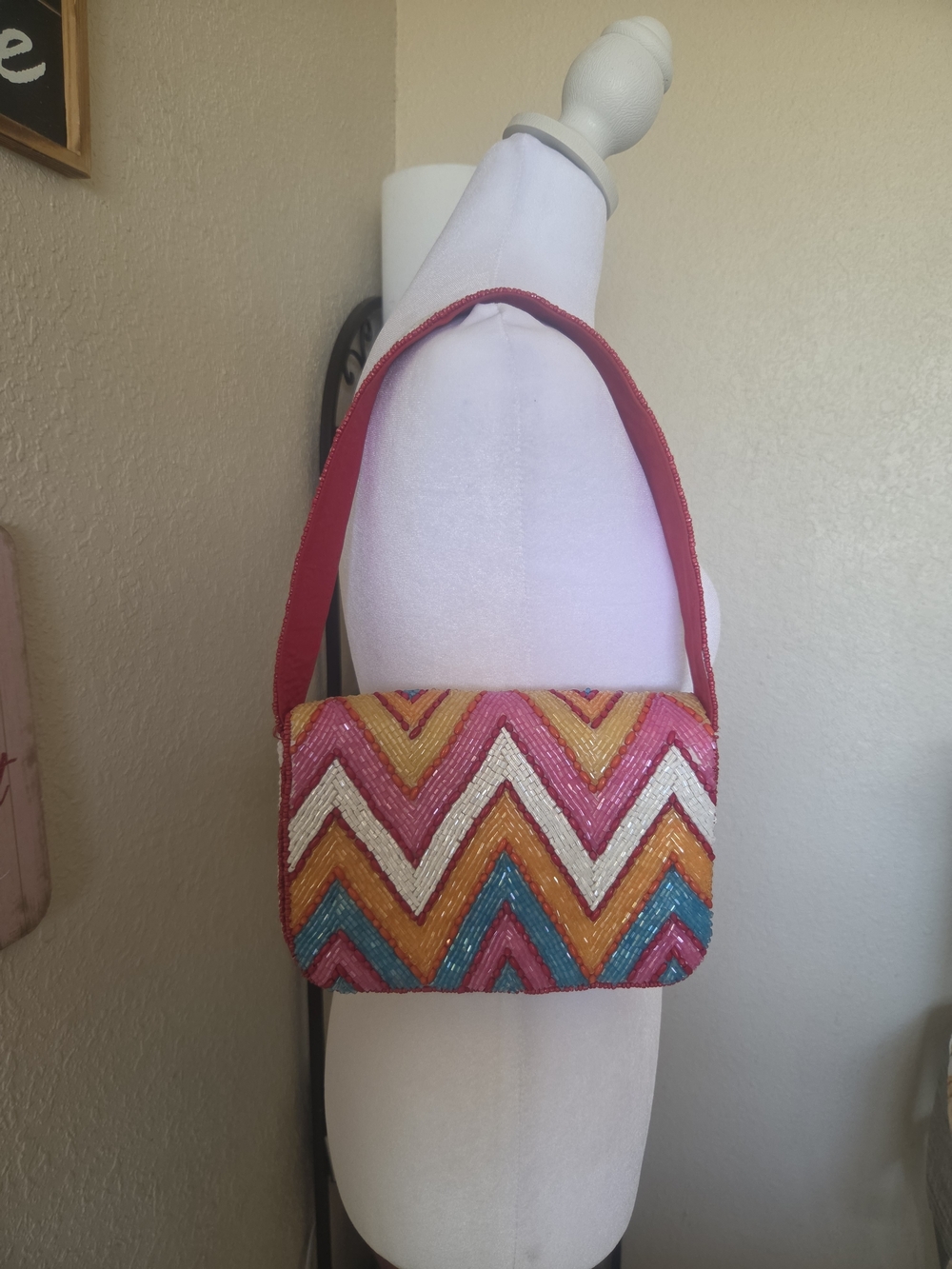 Chevron Beaded Shoulder Bag - Pink Multi